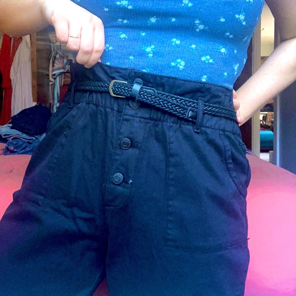 Denim Black Paper-bag High-waisted Pants